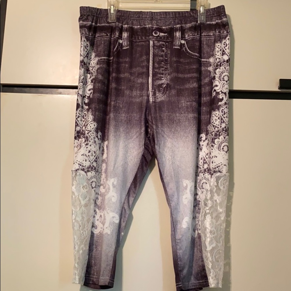 Black Denim Print Leggings with Lace